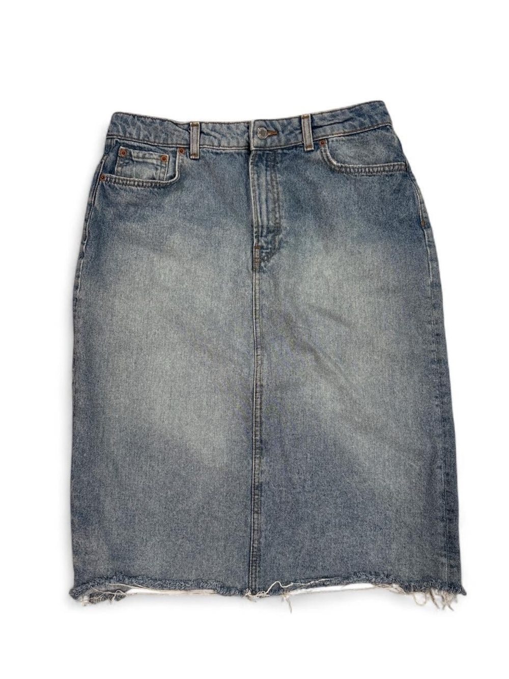 Zara 90’s Collection blue denim midi pencil skirt with a raw hem